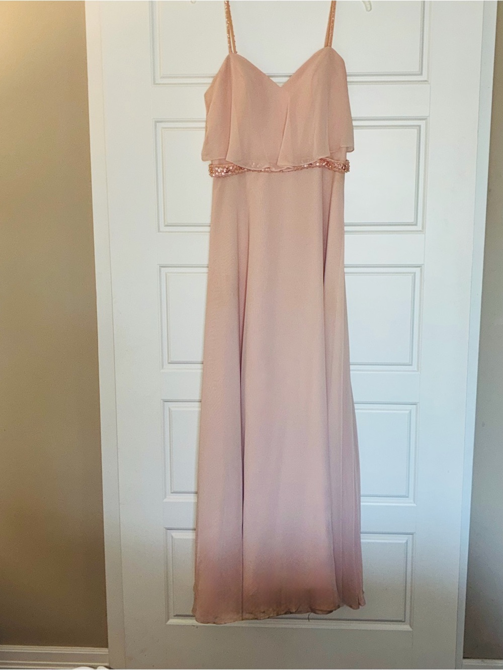 Blush Pink Spaghetti-Strap Chiffon Evening Dress with Sequin Waist